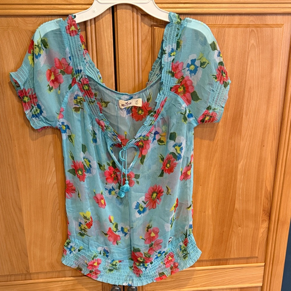 Hollister Blue Floral Blouse with Pink and Red Accents